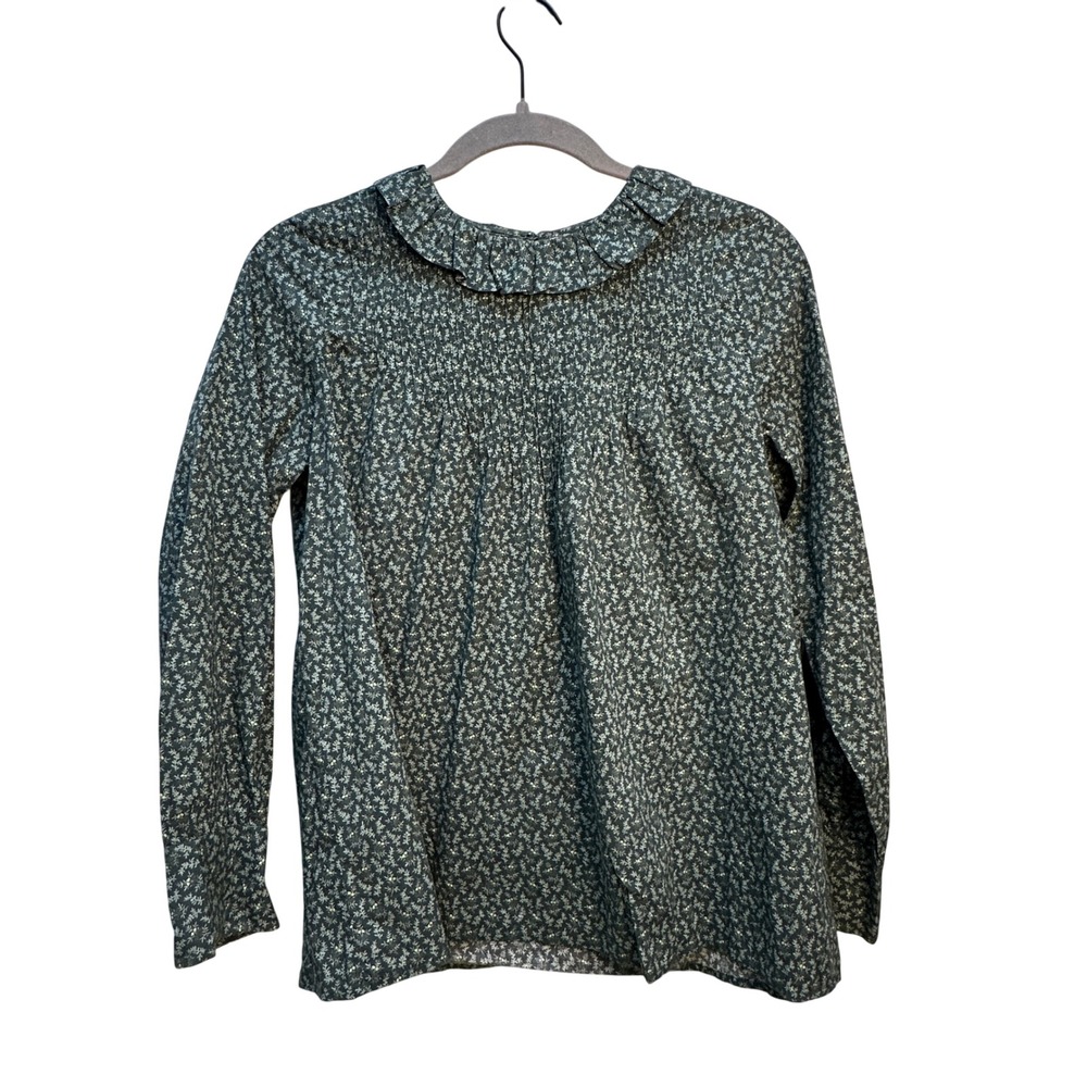Doen Evergreen Floral Blouse Green Long Sleeve Cottagecore Pintuck Collared XS